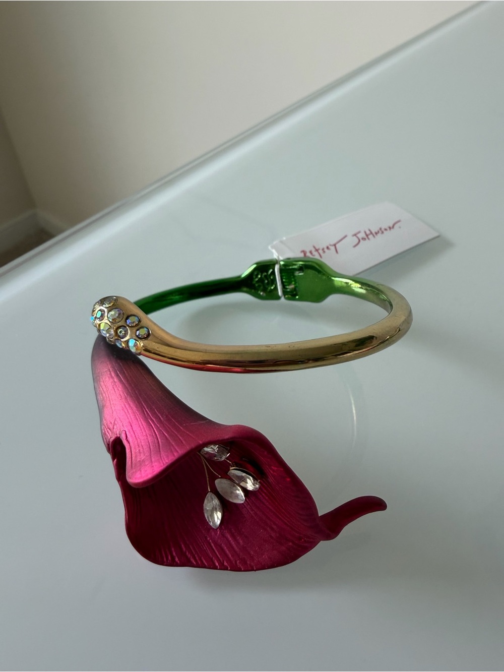 Betsey Johnson Pink calla Lily Green Gold cuff Bracelet